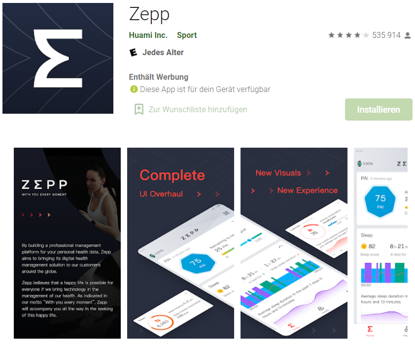 Man sieht die Zepp App im Appstore zum Download zur Verfügung stehen.